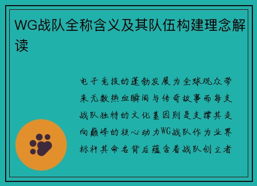 WG战队全称含义及其队伍构建理念解读